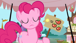 Size: 1280x720 | Tagged: safe, screencap, pinkie pie, earth pony, pony, putting your hoof down, season 2, bits, eyes closed, food, sign, solo, tomato