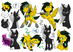 Size: 4676x3308 | Tagged: safe, artist:dar, oc, oc only, oc:lightning bug, oc:polaris, pegasus, unicorn, fanfic:song of seven, ..., armor, armored pony, black mane, book, burnt, clothes, cookie, cutie mark, electricity, eyes closed, female, food, gem, gemstones, glasses, glowing, glowing horn, helmet, hooves, horn, jewelry, leonine tail, magic, mare, name tag, necklace, open mouth, pegasus oc, raised hoof, short tail, simple background, singing, smoke, soldier, soldier pony, solo, sparks, striped mane, tail, telekinesis, tray, unicorn oc, wings