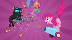 Size: 1280x720 | Tagged: safe, screencap, changeling, earth pony, pony, a canterlot wedding, season 2, attack, duo, female, male, mare, open mouth, party cannon