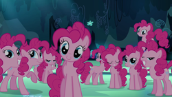 Size: 1280x720 | Tagged: safe, screencap, pinkie pie, earth pony, pony, season 3, too many pinkie pies, clone, female, looking at you, mare, pinkie clone, this will not end well