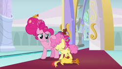 Size: 1280x720 | Tagged: safe, screencap, li'l cheese, pinkie pie, earth pony, pony, season 9, the last problem, spoiler:s09, duo, duo female, female, filly, foal, male, mare, mother and child, mother and son, older, older pinkie pie