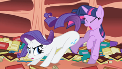 Size: 1920x1080 | Tagged: safe, screencap, rarity, twilight sparkle, pony, unicorn, season 1, sonic rainboom (episode), 1080p, angry, book, bookshelf, butt, butt bump, butt smash, context is for the weak, duo, duo female, duo unicorn, eyes closed, female, mare, now go on, open mouth, out of context, plot, pushing, rump push, unicorn twilight