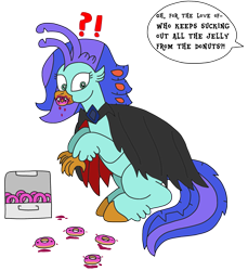 Size: 2115x2306 | Tagged: safe, artist:supahdonarudo, oc, oc only, oc:sea lilly, classical hippogriff, hippogriff, vampire, bite mark, cape, caught, clothes, costume, dialogue, donut, exclamation point, fangs, food, halloween, halloween costume, jelly, question mark, simple background, speech bubble, text, transparent background