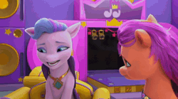Size: 1280x712 | Tagged: safe, screencap, queen haven, rocky riff, sunny starscout, earth pony, pegasus, pony, g5, my little pony: make your mark, my little pony: make your mark chapter 2, portrait of a princess, spoiler:g5, spoiler:my little pony: make your mark chapter 2, spoiler:mymc02e03, animated, awkward, awkward smile, chair, crown, fake smile, female, hair steamer, jewelry, laughing, male, mare, mirror, realization, regalia, salon, seat, sitting, smiling, sound, stallion, webm