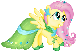 Size: 4431x3000 | Tagged: safe, artist:plsim, fluttershy, pegasus, pony, g4, clothes, cute, dress, female, gala dress, hoof shoes, looking at something, mare, shyabetes, simple background, smiling, solo, transparent background, wings