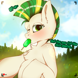 Size: 2000x2000 | Tagged: safe, artist:chura chu, oc, oc only, pony, commission, female, food, green hair, high res, ice cream, looking at you, meadow, one eye closed, shading, solo, wink, winking at you, ych result