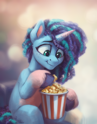 Size: 1100x1400 | Tagged: safe, artist:jewellier, misty brightdawn, pony, unicorn, g5, abstract background, cute, eating, female, food, freckles, herbivore, magnetic hooves, mare, mistybetes, popcorn, sitting, smiling, solo, that pony sure does love popcorn, unshorn fetlocks