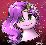 Size: 843x829 | Tagged: safe, artist:llametsul, pipp petals, pony, g5, blushing, bust, colored, cute, eye clipping through hair, heart, looking at you, signature, smiling, solo