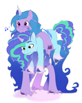 Size: 2048x2574 | Tagged: safe, artist:aztrial, izzy moonbow, misty (g5), pony, unicorn, g5, my little pony: make your mark, blushing, carrying, confused, cute, duo, duo female, female, freckles, frown, holding a pony, izzy is tol, izzybetes, mare, markings, mistybetes, music notes, simple background, size difference, smiling, unshorn fetlocks, white background