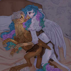 Size: 2100x2110 | Tagged: artist needed, source needed, safe, princess celestia, oc, oc:alviss, griffon, g4, bed, clothes, duo, griffon oc, griffonized, high res, loincloth, lying down, night, species swap, tribal, underwear, wings