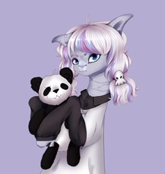 Size: 2044x2160 | Tagged: safe, artist:avi, bear, earth pony, panda, pony, bone, clothes, female, filly, high res, mare, plushie, ponytails, purple background, shirt, simple background, skeleton, solo