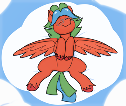 Size: 2362x1998 | Tagged: safe, artist:sefastpone, oc, oc only, oc:summer lights, pegasus, pony, cloud, eyes closed, glasses, lying down, lying on a cloud, male, on a cloud, on back, raffle prize, sky, spread legs, spread wings, spreading, stallion, wings