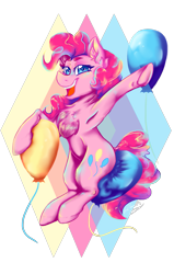 Size: 1573x2480 | Tagged: safe, artist:dankpegasista, pinkie pie, g4, balloon, chest fluff, colorful, detailed, geometry, jumping, lineart, simple background, smiling, solo, transparent background