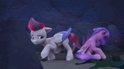 Size: 1280x716 | Tagged: safe, screencap, pipp petals, zipp storm, pegasus, pony, g5, my little pony: make your mark, my little pony: make your mark chapter 2, portrait of a princess, spoiler:g5, spoiler:my little pony: make your mark chapter 2, spoiler:mymc02e03, animated, cave, dark, depressed, female, mare, reflection, regret, royal sisters (g5), sad, sibling bonding, siblings, sisters, sorry, sound, swimming pool, trapped, webm