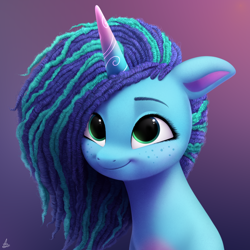 Size: 2000x2000 | Tagged: safe, artist:luminousdazzle, misty brightdawn, pony, unicorn, g5, my little pony: make your mark, bust, curly mane, cute, female, freckles, glowing, glowing horn, gradient horn, green eyes, high res, horn, mare, mistybetes, portrait, semi-realistic, simple background, smiling, solo