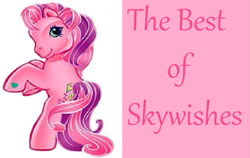 Size: 1667x1053 | Tagged: safe, artist:princessroselightcupcake, edit, skywishes, earth pony, pony, g3, best pony, cute, cutewishes, female, hoof heart, mare, pink background, pink text, rearing, simple background, smiling, solo, text