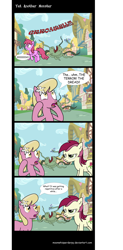 Size: 1024x2078 | Tagged: safe, artist:moonwhisperderpy, berry punch, berryshine, lily, lily valley, minuette, roseluck, earth pony, pony, unicorn, g4, comic, dialogue, female, imminent vore, lampshade hanging, mare, monster, roseluck is not amused, speech bubble, the horror
