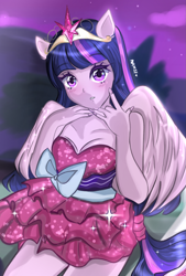 Size: 1181x1748 | Tagged: safe, artist:namieart, twilight sparkle, alicorn, human, equestria girls, g4, my little pony equestria girls, bare shoulders, big crown thingy, clothes, crown, dress, element of magic, jewelry, regalia, sleeveless, solo, strapless, twilight sparkle (alicorn)