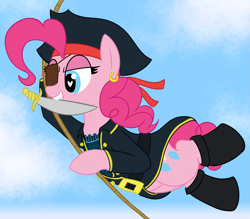 Size: 2349x2062 | Tagged: safe, artist:legendoflink, pinkie pie, earth pony, pony, g4, boots, clothes, cute, diapinkes, ear piercing, earring, eyepatch, female, hat, high res, jewelry, mare, mouth hold, piercing, pinkie pirate, pinktober, pirate, pirate outfit, rope, shoes, solo, swinging, sword, weapon