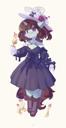 Size: 623x1199 | Tagged: safe, artist:saxopi, oc, oc only, unicorn, semi-anthro, arm hooves, boots, bow, candle, chest fluff, clothes, detached sleeves, dress, eyebrows, eyebrows visible through hair, female, flower, flower petals, hair bow, hat, hoof shoes, horn, iv of spades, looking at you, mare, rose, shoes, simple background, solo, unicorn oc, white background, white rose
