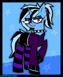 Size: 697x854 | Tagged: safe, artist:xxv4mp_g4z3rxx, trixie, pony, unicorn, g4, alternate design, alternate hairstyle, blue background, clothes, ear piercing, emo, fangs, female, hoodie, mare, mistake, piercing, shorts, signature, simple background, socks, solo, stars, striped socks