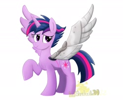 Size: 1966x1599 | Tagged: safe, artist:lordshrekzilla20, twilight sparkle, alicorn, pony, g4, alternate hairstyle, amputee, artificial wings, augmented, misleading thumbnail, prosthetic limb, prosthetic wing, prosthetics, punklight sparkle, raised hoof, scar, simple background, solo, twilight sparkle (alicorn), white background, wings
