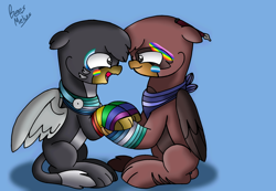 Size: 2524x1751 | Tagged: safe, artist:beesmeliss, oc, oc:gershon, oc:gregory, griffon, gay, male, oc x oc, pride flag, shipping, simple background, transparent background