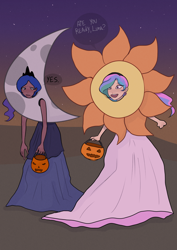 Size: 4092x5787 | Tagged: safe, artist:meliciamelano, princess celestia, princess luna, human, g4, absurd file size, absurd resolution, afternoon, clothes, costume, dress, duo, halloween, halloween costume, holiday, humanized, moon, moon costume, pumpkin, pumpkin bucket, royal sisters, siblings, sisters, sun, sun costume, text, varying degrees of want