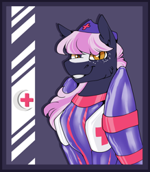 Size: 2978x3398 | Tagged: safe, artist:parrpitched, oc, oc:nurse lavender blossom, bat pony, pony, bat pony oc, bound wings, fireheart76's latex suit design, high res, kink, latex, latex suit, nurse, prisoners of the moon, rubber, rubber suit, solo, wings