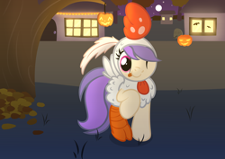 Size: 2970x2100 | Tagged: safe, artist:candy meow, oc, oc only, oc:ellowee, earth pony, pony, legends of equestria, ;p, animal costume, autumn, chicken suit, clothes, costume, earth pony oc, female, gravestone, halloween, halloween costume, high res, holiday, house, leaves, mare, mascot, moon, night, nightmare night, one eye closed, pumpkin, solo, stars, tongue out, tree, wink