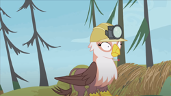 Size: 1280x720 | Tagged: safe, artist:mlp-silver-quill, gimme moore, griffon, after the fact, after the fact:the lost treasure of griffonstone, clothes, hard hat, hat, lamp, tranquilizer dart, tree
