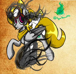 Size: 952x925 | Tagged: safe, artist:igorbanette, oc, oc:thorn darkness, pegasus, pony, clothes, colored wings, eye mist, goggles on head, scarf, solo, two toned wings, wings, wisp