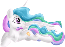 Size: 1024x742 | Tagged: safe, artist:starsongdusk, princess celestia, alicorn, pony, g4, ethereal mane, female, lying down, mare, missing accessory, one wing out, prone, simple background, solo, sploot, starry mane, transparent background, wings