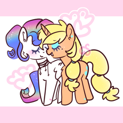 Size: 694x694 | Tagged: safe, artist:cutiesparke, applejack, rarity, pegasus, pony, unicorn, g4, alternate design, alternate hairstyle, alternate universe, duo, female, gem, heart, jewelry, lesbian, multicolored hair, necklace, pegasus rarity, pink background, race swap, rainbow hair, ship:rarijack, shipping, simple background, unicorn applejack