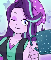 Size: 640x740 | Tagged: safe, artist:batipin, starlight glimmer, human, equestria girls, g4, beanie, breasts, chocolate, cleavage, drink, empathy cocoa, eyebrows, eyebrows visible through hair, female, food, hat, hot chocolate, looking at you, mug, one eye closed, smiling, solo, stars, wink, winking at you