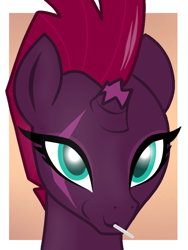 Size: 768x1024 | Tagged: safe, artist:theuser, fizzlepop berrytwist, tempest shadow, pony, unicorn, g4, broken horn, bust, candy, cute, eye scar, facial scar, female, food, horn, lollipop, looking at you, mare, passepartout, portrait, scar, smiling, solo, tempestbetes, three quarter view