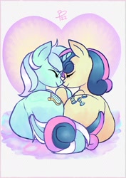 Size: 1000x1414 | Tagged: safe, artist:flutterbree, bon bon, lyra heartstrings, sweetie drops, earth pony, pony, unicorn, g4, bon butt, boop, butt, eyes closed, female, heart, heart background, holding hooves, intertwined tails, lesbian, lying down, lyra hindstrings, lyrebutt, mare, noseboop, nuzzling, plot, plot pair, ponytober, prone, rear view, ship:lyrabon, shipping, tail