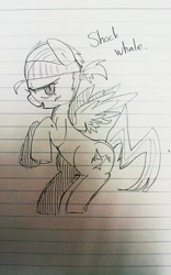 Size: 640x1024 | Tagged: safe, artist:maren, oc, oc only, pegasus, pony, 2013, bandana, doodle, lined paper, male, old art, pegasus oc, ponytail, rearing, solo, traditional art