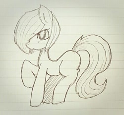 Size: 585x544 | Tagged: safe, artist:maren, oc, oc only, earth pony, pony, 2013, doodle, frown, hair over one eye, lined paper, old art, raised hoof, solo, traditional art
