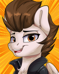 Size: 1600x1990 | Tagged: safe, artist:joaothejohn, oc, oc only, oc:ashwind, pegasus, pony, chest fluff, clothes, commission, cute, jacket, leather, leather jacket, lidded eyes, looking at you, pegasus oc, simple background, smiling, wings