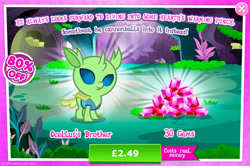 Size: 1952x1298 | Tagged: safe, gameloft, lumbar, changedling, changeling, nymph, g4, my little pony: magic princess, advertisement, baby, background changeling, costs real money, english, gem, horn, insect wings, introduction card, male, moss, numbers, sale, solo, text, wings