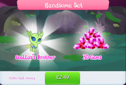 Size: 1270x860 | Tagged: safe, gameloft, lumbar, changedling, changeling, nymph, g4, my little pony: magic princess, baby, background changeling, bundle, costs real money, english, gem, handsome set, horn, insect wings, male, moss, numbers, sale, solo, text, wings