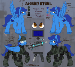 Size: 4500x4000 | Tagged: safe, artist:molars, oc, oc only, oc:amber steel, pegasus, pony, fallout equestria, armor, armour plates, chestplate, commission, dashite, enclave, gun, helmet, magical energy weapon, reference sheet, scar, solo, visor, weapon