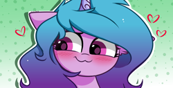 Size: 8300x4200 | Tagged: safe, artist:kittyrosie, izzy moonbow, pony, unicorn, g5, :3, absurd resolution, blushing, cute, female, gradient background, heart, izzybetes, looking at you, mare, side smile, simple background, smiling, solo