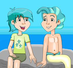 Size: 1190x1111 | Tagged: safe, artist:ocean lover, sandbar, terramar, human, merboy, merman, g4, belly button, clothes, cutie mark on clothes, duo, duo male, hands on waist, handsome, human coloration, humanized, looking at each other, looking at someone, male, mermanized, ocean, open mouth, outdoors, shiny skin, shirt, shorts, sitting, sky, smiling, smiling at each other, species swap, t-shirt, teenager, water