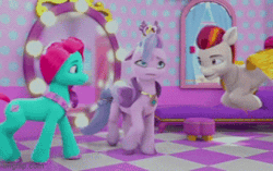 Size: 321x202 | Tagged: safe, screencap, jazz hooves, queen haven, rocky riff, earth pony, pegasus, pony, g5, my little pony: make your mark, my little pony: make your mark chapter 2, portrait of a princess, spoiler:g5, spoiler:my little pony: make your mark chapter 2, spoiler:mymc02e03, animated, colored wings, crown, cute, female, floppy ears, flying, gif, jazz has no ears, jewelry, looking at each other, looking at someone, lounge, male, mare, mirror, no ears, reflection, regalia, rockybetes, stallion, trio, unshorn fetlocks, window, wings