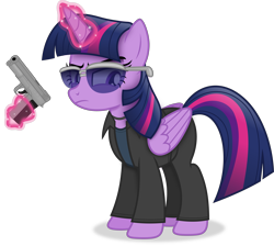 Size: 4652x4168 | Tagged: safe, artist:anime-equestria, twilight sparkle, alicorn, pony, g4, annoyed, clothes, female, glowing, glowing horn, gun, handgun, horn, jewelry, levitation, magic, mare, necklace, pistol, saints row, simple background, solo, sunglasses, telekinesis, transparent background, twilight sparkle (alicorn), vector, weapon, wings