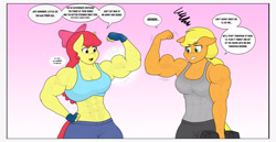 Size: 2048x1056 | Tagged: safe, artist:matchstickman, apple bloom, applejack, earth pony, anthro, matchstickman's apple brawn series, tumblr:where the apple blossoms, g4, abs, apple bloom's bow, apple brawn, applejacked, armpits, biceps, bow, breasts, busty apple bloom, busty applejack, clothes, comic, deltoids, dialogue, dumbbell (object), duo, female, flexing, gradient background, hair bow, mare, muscles, muscular female, older, older apple bloom, pecs, speech bubble, tumblr comic, weights