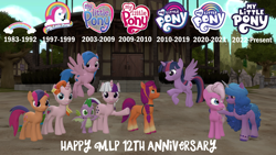 Size: 1920x1080 | Tagged: safe, artist:php170, firefly, izzy moonbow, pinkie pie (g3), rarity (g3), scootaloo (g3), spike, sunny starscout, twilight, twilight sparkle, alicorn, dragon, earth pony, pegasus, pony, unicorn, mlp fim's twelfth anniversary, friendship is magic, g1, g2, g3, g3.5, g4, g4.5, g5, my little pony 'n friends, my little pony: a new generation, rescue at midnight castle, the runaway rainbow, 3d, anniversary, anniversary art, bracelet, cute, evolution, female, firefly can fly, flyabetes, flying, friendship bracelet, g1 to g4, g1 twiabetes, g3 cutealoo, g3 diapinkes, g3 raribetes, g3 to g4, generation leap, happy birthday mlp:fim, izzybetes, jewelry, mare, my little pony logo, pony history, ponyville, princess rarity, source filmmaker, spikabetes, sunnybetes, twiabetes, twilight sparkle (alicorn), twilight sparkle can fly, waving, waving at you, winged spike, wings