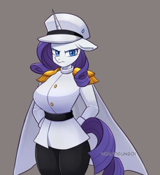 Size: 1422x1551 | Tagged: safe, artist:handgunboi, rarity, unicorn, anthro, g4, breasts, busty rarity, cape, captain, clothes, curvy, female, gray background, hourglass figure, military uniform, simple background, solo, uniform